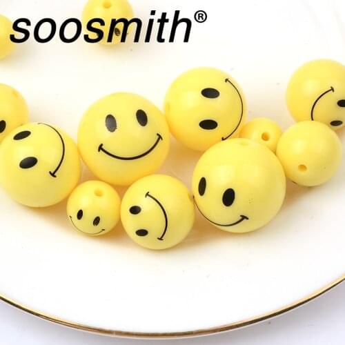 10/12/14/16/18/20mm ABS Yellow charms Smiley Round Acrylic Beads For Jewelry Making Necklace Bracelets DIY Accessorie Wholesale