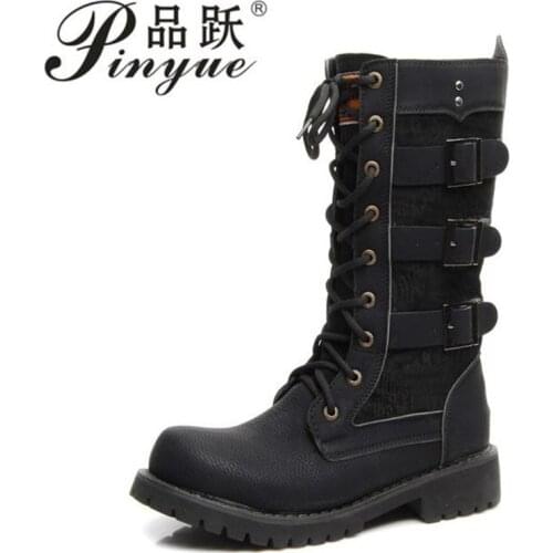 Mens Leather Motorcycle Boots Long riding boots Military Combat Boots Gothic Belt Punk Boots Men Shoes Tactical Army Boot
