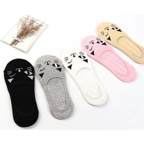 Elastic Comfy Female Ankle Boat Low Cut Breathable Short Socks Cute Women Casual Antiskid Invisible Liner Cat Solid Socks