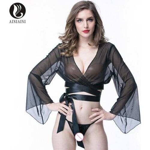Summer Style Nightwear Pyjamas Sexy Femininas Black Bat Longsleeves Naked Navel Exposed Buttock V-neck Temptation 2pcs T1133