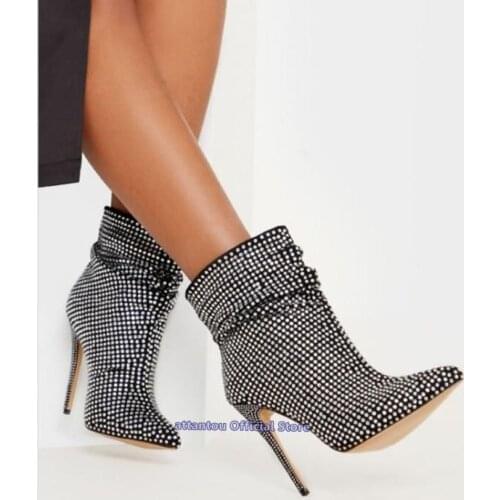Thin High Heel Short Boots Women Pointed Toe Bling Bling Crystal Heeled Winter Autumn Slip On Black Ankle Boots