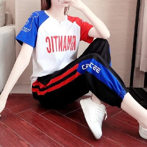 Casual Sports Suit Women 2021 Summer New Loose Fashion Running Trolling Dance Hip Hop Two-piece Trendy T-shirt + Pant 2pcs