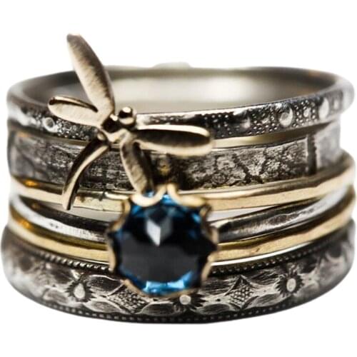 Vintage Wedding Rings for Women Luxury Lake Blue Crystal Dragonfly Womens Ring Bridal Promise Jewelry Accessories