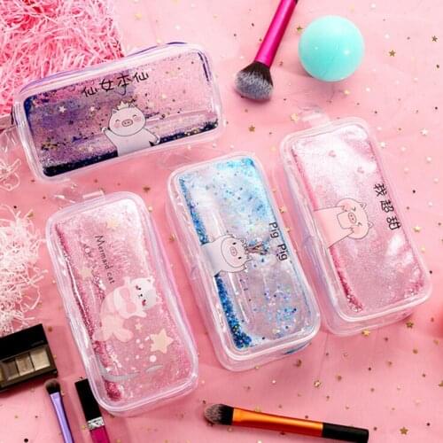 Cute Quicksand Oil Transparent Pencil Case Bag Girls Cosmetic Storage Pouch