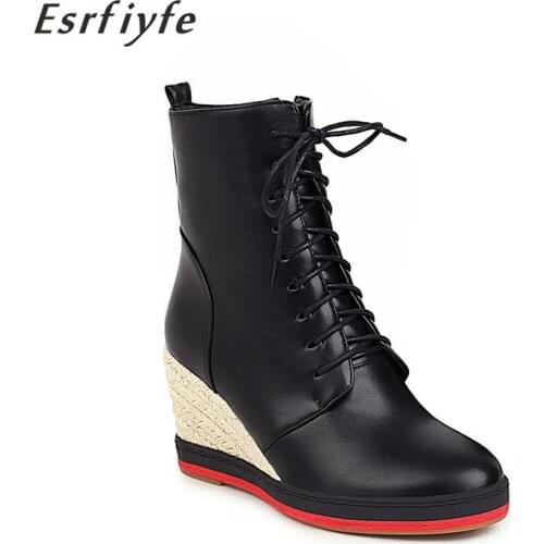 ESRFIYFE Women Ankle Boots Ladies Microfiber Side Zipper Lace Up Women Boots Female Wedges Heels Round Toe Casual Woman Shoes