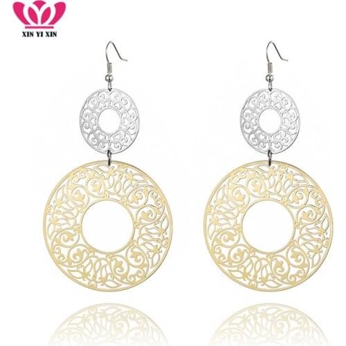 2018 New Big Circle Flower Geometric Earrings Elegant Drop Earring Laser Sculpture Flower Shape Femme Pendiente Best Gift