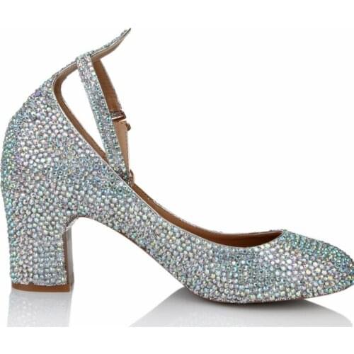 2018 Ankle Straps Prom Wedding Shoes ABColor Chunky Heel Rhinestone Women Pumps Round Toe Kitten Heel Mother of The Bride Shoes