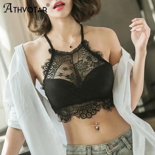 ATHVOTAR Lace Halter Transparent Bra Brassiere Backless Soft Tube Top Bralette Women V-Neck Running Fitness Bra Underwear New