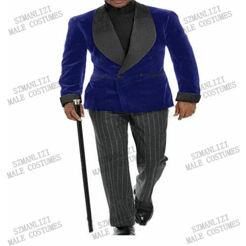2021 Italian Designs Royal Blue Velvet Men Suit Slim Fit Wedding Suits For Men Groom Tuxedos Bridegroom Double Breasted Blazer