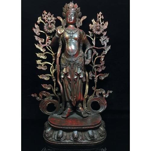 22"Tibet Buddhism Old Bronze Cinnabar Lacquer Green Tara Buddha statue Guanyin Bodhisattva statue Standing Buddha