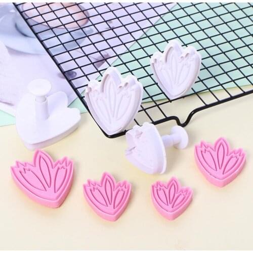 4pcs/set Veined Tulip Leaf Flower Fondant Gum Paste Cake Tool Cookie Plunger Cutter Baking Decoration 04015