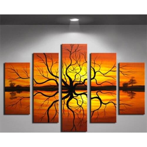 5 Panel Canvas Painting Tree Reflection Hand Painted Modern Abstract Landscape Oil Paintings For Sitting Room Decoration Unframe