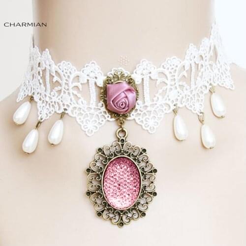Charmian Victorian White Lace Tassel Pendant Pearl Wedding Party Princess Choker Necklace Accessories