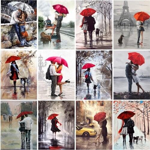 DIY 5D Diamond Painting Couple Red Umbrella Diamond Embroidery Dog Full Round Drill Street View Cross Stitch Home Decor Art Gift