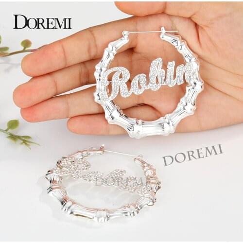 DOREMI Bling Name Bamboo Earrings Custom Trapezoid Hoop Bamboo Names Earrings Letter Big Personalised Name Earrings Women Gift