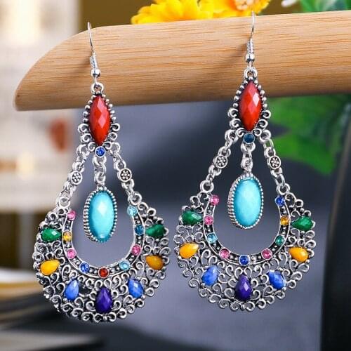 Ethnic Diamond Silver Color Big Sector Alloy Earrings Retro Turkish Boho Vintage Green Indian Jhumka Earrings Tribal Earrings