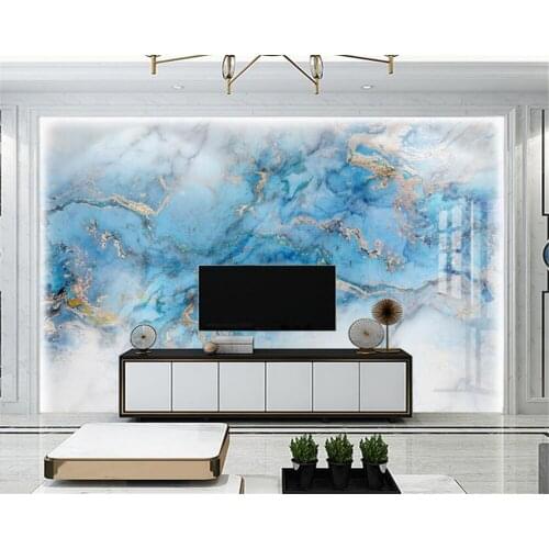 Customized 3d mural modern high-end light luxury wallpaper blue ink gilt marble tile TV background wall living room decoration