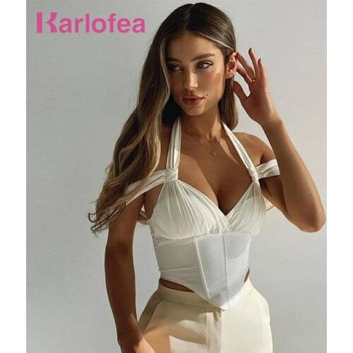 Karlofea Women Elegant White Tops Clothing Chic Drapped Off Shoulder Halter Corset Blusa Chiffon Patchwork Summer Basic Wear Top