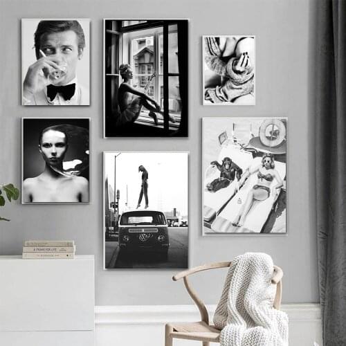 Black and White Sexy Woman Hanging Painting Modern Character Living Room Decoration Frameless Canvas Painting Canvas Wall Art