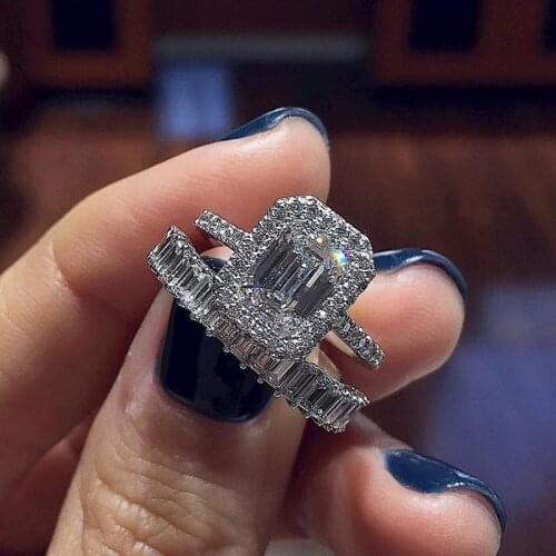 Huitan Classic and Simple Design Wedding Rings for Women Rectangular Cubic Zirconia Timeless Style Engagement Jewelry 2Pcs/Sets