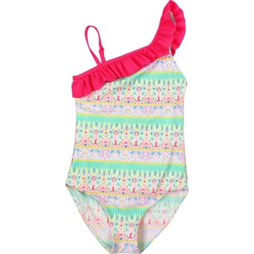 Girls Swimsuit New Summer 1PCS Girls Bikini Lovely Child Swimsuit Beachwear Slanted Shoulder Lace Kids Swimwear Bathing Suits