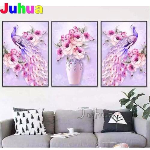 3 pieces Pink peacocks flower 5D diamond painting cross stitch full square round drill diy embroidery triptych home decor animal