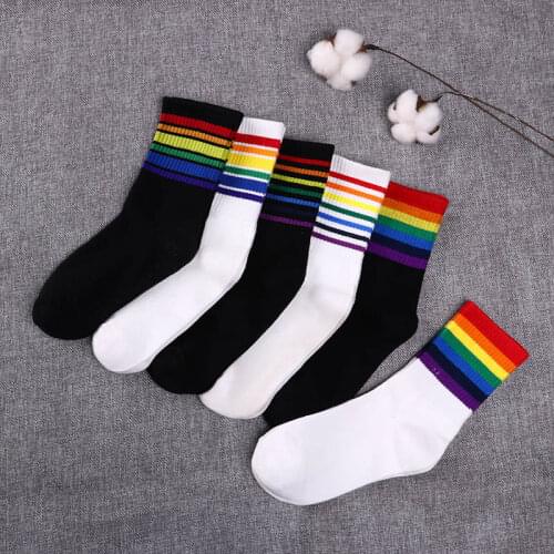 Fashion Womens Socks Cotton Rainbow Stripes Christmas Gift Classic Warm Casual Tide Harajuku Funny Cute Pop Korean Socks