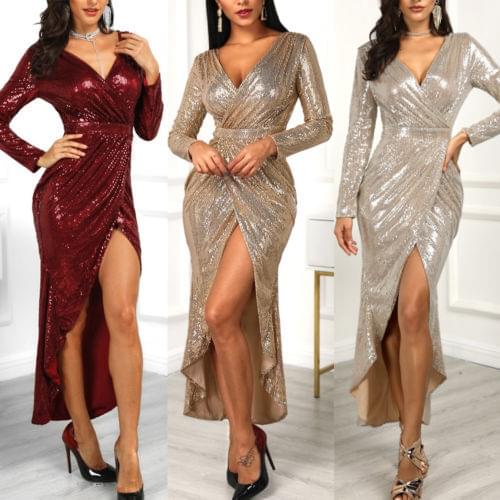 New Women Slim Fit Sexy Long Sleeve Low Chest Light Split Dress Long Formal Dress Elegant Stylish And Sexy Gold / Silver