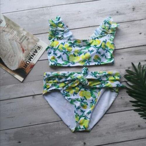 Summer womens new digital printed bikini sexy tight Ruffle knot swimsuit high waist split swimsuit