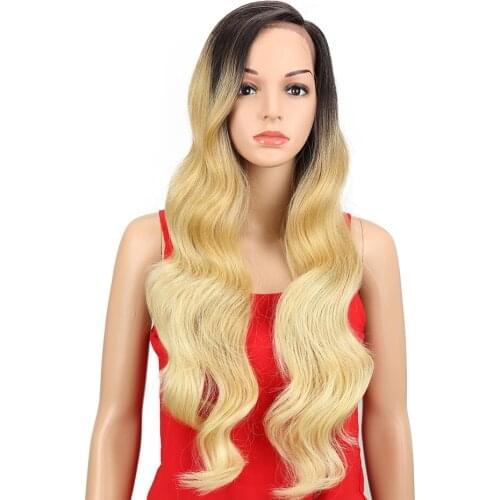 Classic Plus Blonde Lace Wigs For Women 28 Inch Long Synthetic Hair Wigs 613 Blonde Colored Wigs With Black Roots Body Wave Wigs