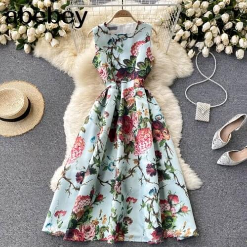 Women Fashion Print Dress Korean Sleeveless O Neck Loose Casual Dresses 2021 Summer Bohemian Vacation Long Sundress