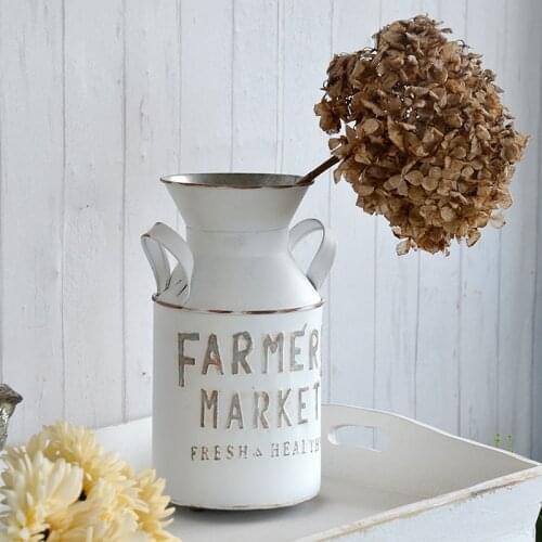 Artificial flowers arrange handcrafted metal white antique milk bucket