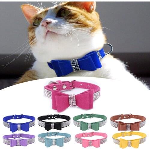 Bling Dog Collar Crystal Pet Rhinestones Bow Knot Cat Collar Bling Soft Cute Tie Collar PU Leather Pet Collar Pet Dog Supplies