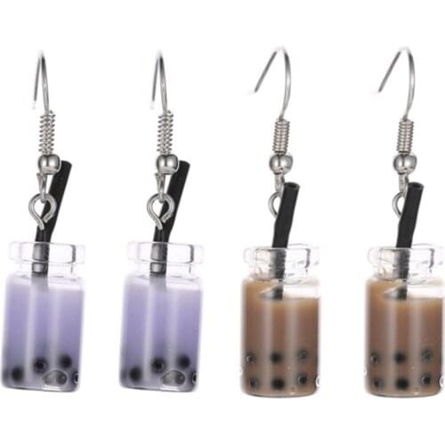 2pair Pearl Milk Tea Earrings Taiwan Boba Bubble Tea Funny Dangle Earrings for Women ,Dark Coffee & Purple