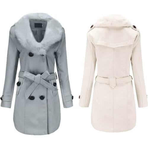 Womens Grey Woolen Coats Winter Girls Faux Fur Collar Windbreaker Double Sided Female Long Blend Coat Plus Size 4xl 5xl Overcoat