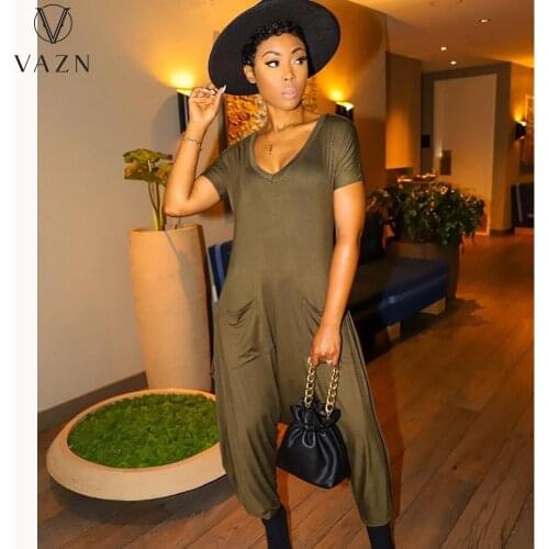 VAZN 2021 INS Autumn Energy Cross Jumpsuits Solid Simple Free Lazy Daily Young Short Sleeve Women Slim Long Jumpsuits