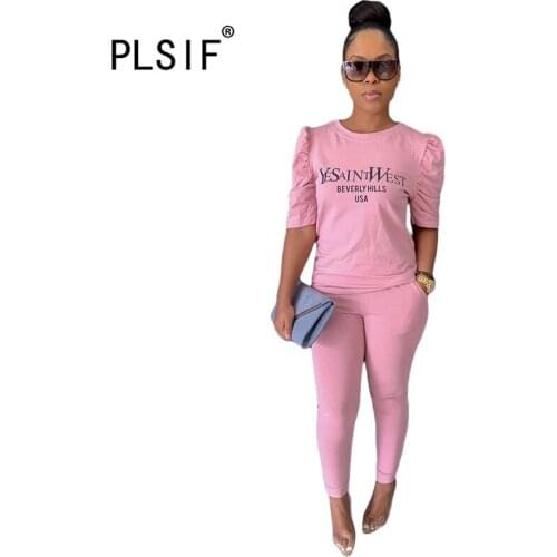 Womens new style fashion puff sleeve o-neck tees top + high waist leggings 2 piece set brief fashion high street suits
