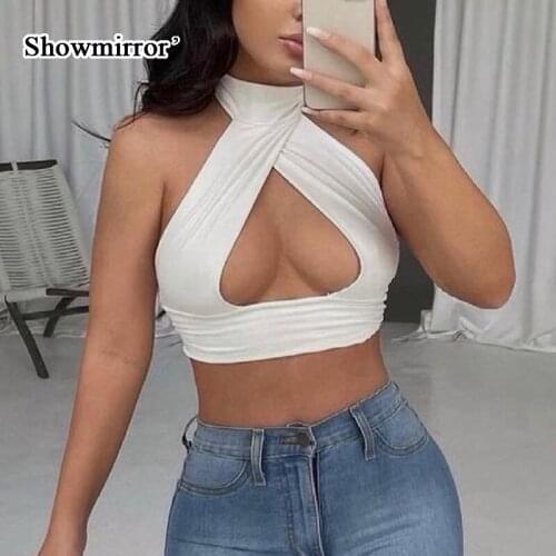 Showmirror 2021 Sleeveless Halter Hollow Out Solid Sleeveless Sexy Crop Top Summer Women Fashion Streetwear Outfits Tees