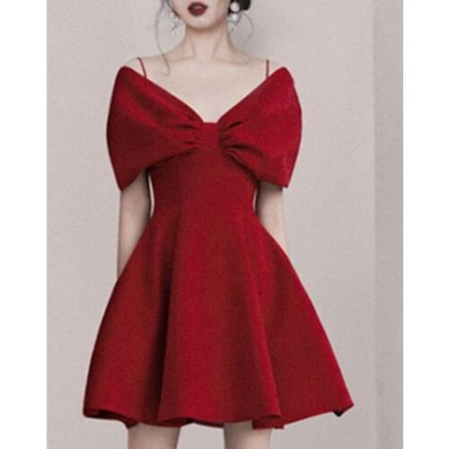 JSXDHK 2021 Summer Desinger Short Party Dress Fashion Women Spaghetti Strap Red Big Bow Sexy V Neck Backless Club Dress Vestidos