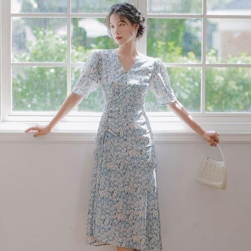 French Gentle Style Dress Women Summer Fashion Temperament V-neck Blue Floral Dress Sweet Fairy Dress Vestidos