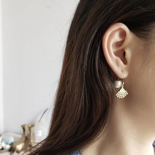 Gold Fan Shaped Clear Zircon Charm Dangle Earring 925 Sterling Silver Round White Shell Pearl Drop Earrings Engagement Jewelry