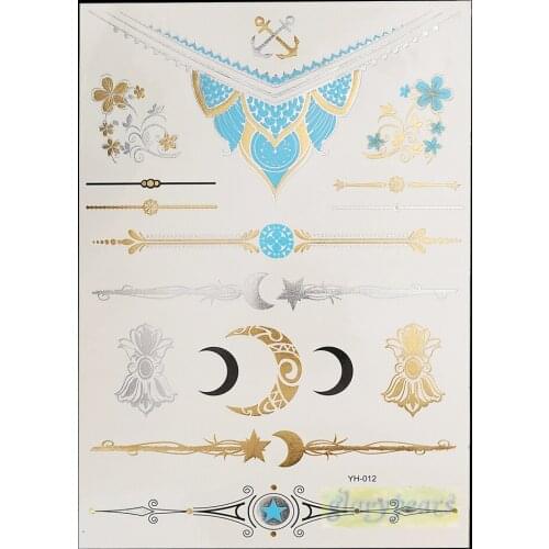 1PC Flash Metallic Waterproof Tattoo Gold Silver Women Henna GYH-012 Moon Star Flower Bracelet Design Temporary Tattoo Sticker