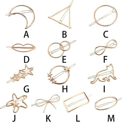 13 Styles Women Metal Alloy Minimalist Hair Clip Hollow Geometric Triangle Bowknot Lips Shape Hairpins Ponytail Holder Clamp