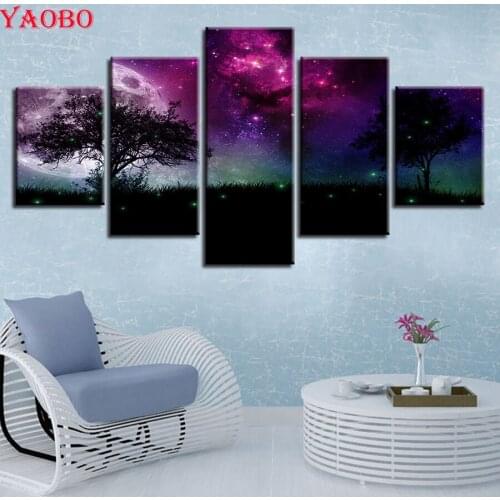 5d diy diamond painting full square 5 Pcs Purple Starry Sky Forest Trees diamond embroidery Cross Stitch diamond mosaic pattern