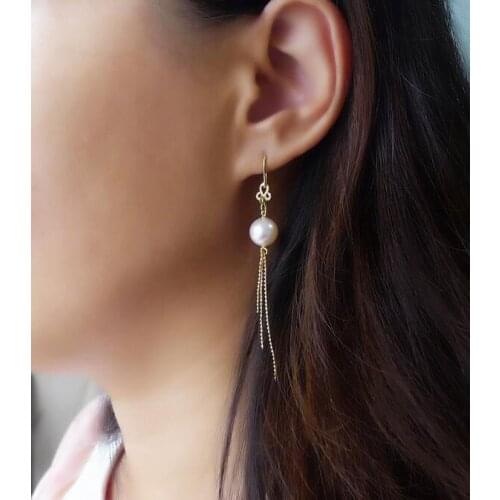 AAA 8.5-9MM White Genuine Akoya Pearl Hook Long Drop Earrings 18K Yellow Gold