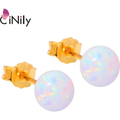 CiNily Solid 925 Sterling Silver White Fire Opal Yellow Gold Earrings Wholesale for Women Jewelry Stud Earrings 6mm OH3923