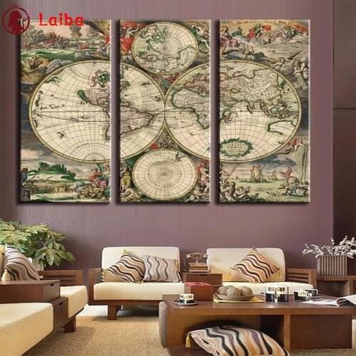 DIY Diamond Painting Hot selling home art, European retro world map Diamond Mosaic Full Drill Embroidery Handmade Hobby3pcs