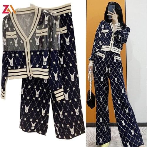 ZALady designer knitted Cardigan jacket trousers set vintage pants Star autumn winter casual two piece set suit women clothes