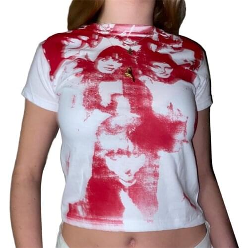 Hirigin Vintage Graphic Printed Tshirt E-girl Harajuku Punk Style Short Sleeve Crop TopS 90s Women Y2K Aesthetic Sweats T-shirt