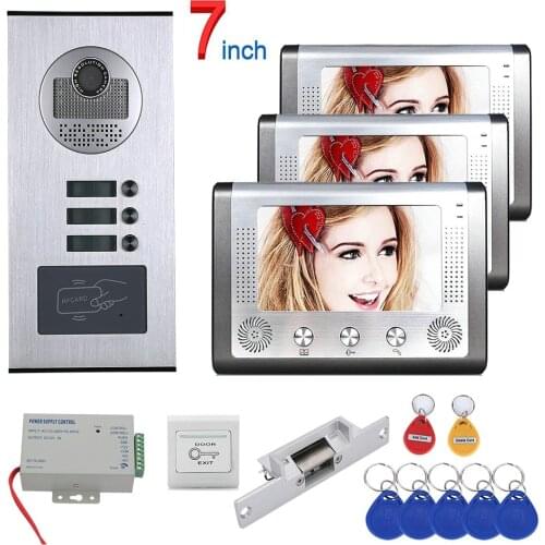 Apartment 7" LCD Video Door Phone Intercom System + RFID Access Outdoor Camera for 3 Family + Electric Strike Lock